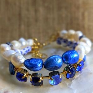 Victorian Darling Blue Swarovski Crystals Porcelain Beads in Layered Bracelet